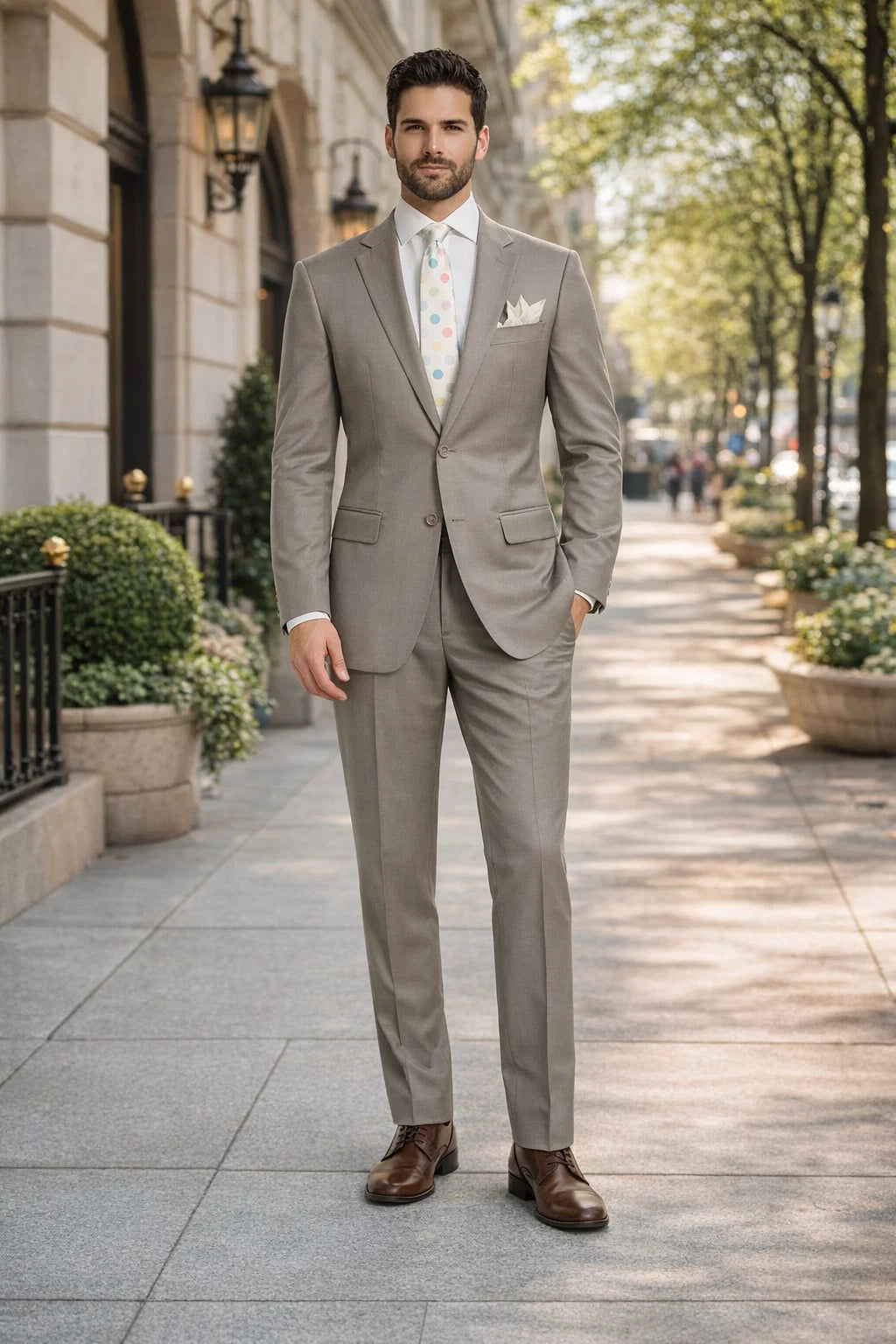 "Beige Modern Fit Two-Button Suit for Tall Men - 100% Wool" - 34 Short