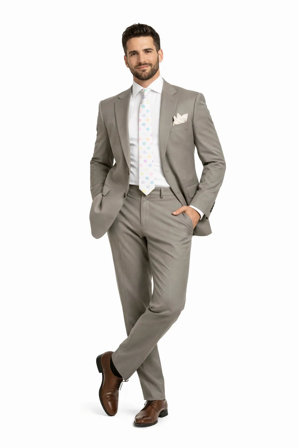 "Beige Modern Fit Two-Button Suit for Tall Men - 100% Wool" - 34 Short