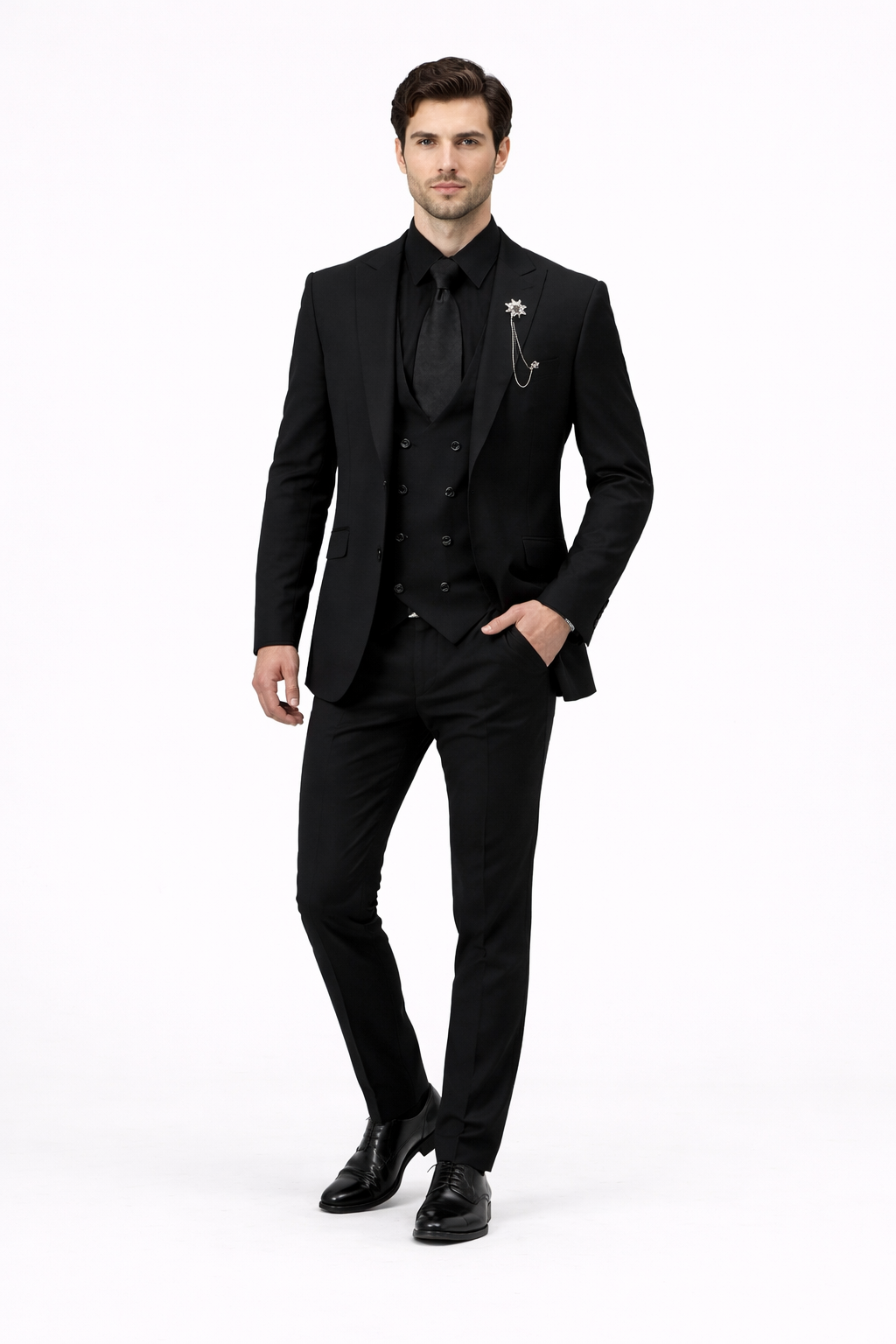 Mens Two Button Peak Lapel Suit Black