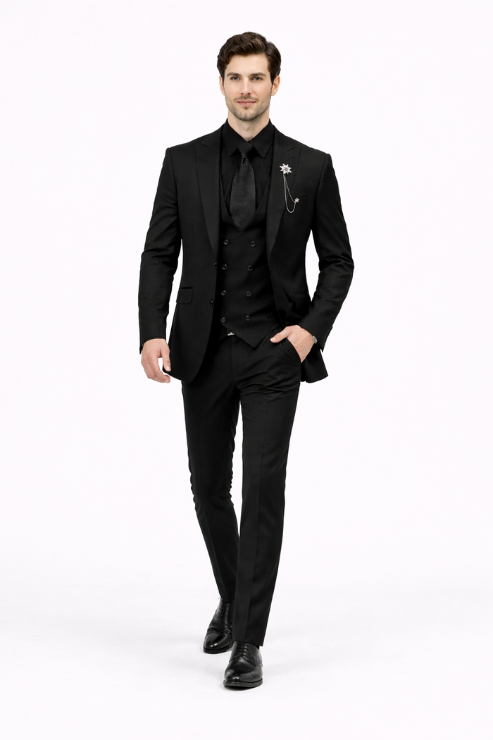 Mens Two Button Peak Lapel Suit Black