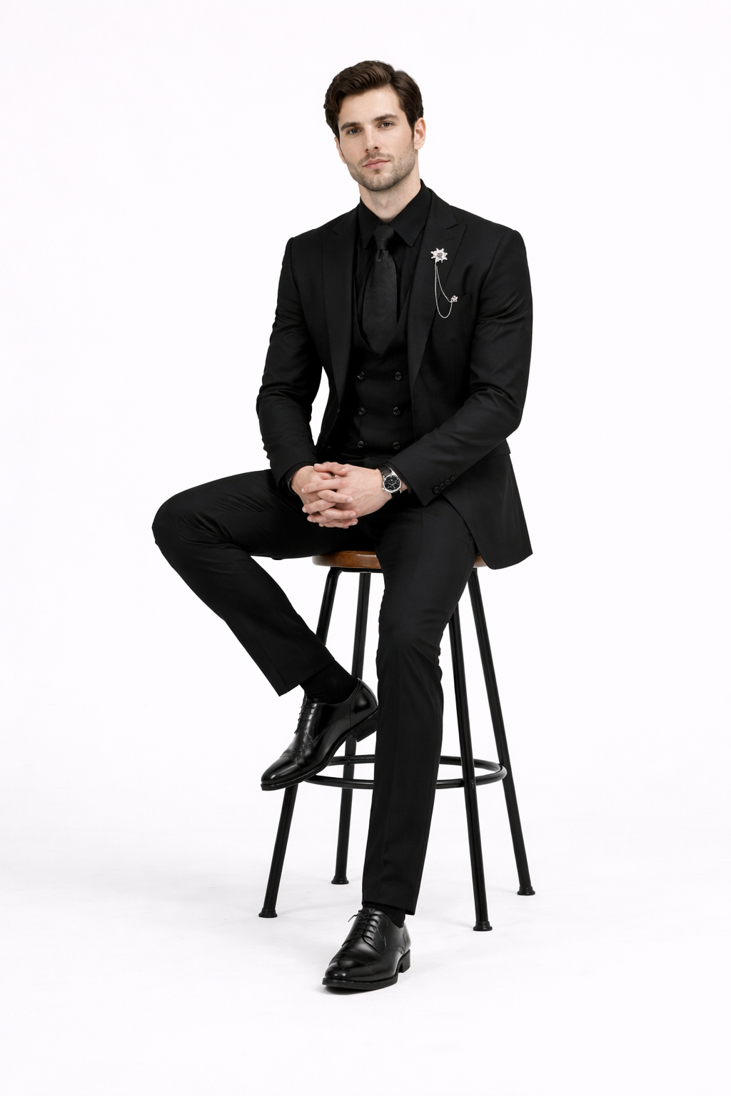 Mens Two Button Peak Lapel Suit Black