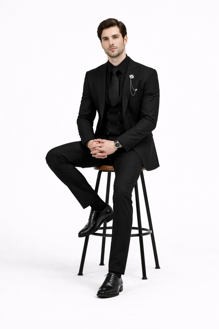 Mens Two Button Peak Lapel Suit Black