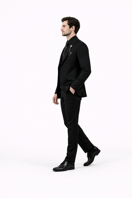 Mens Two Button Peak Lapel Suit Black