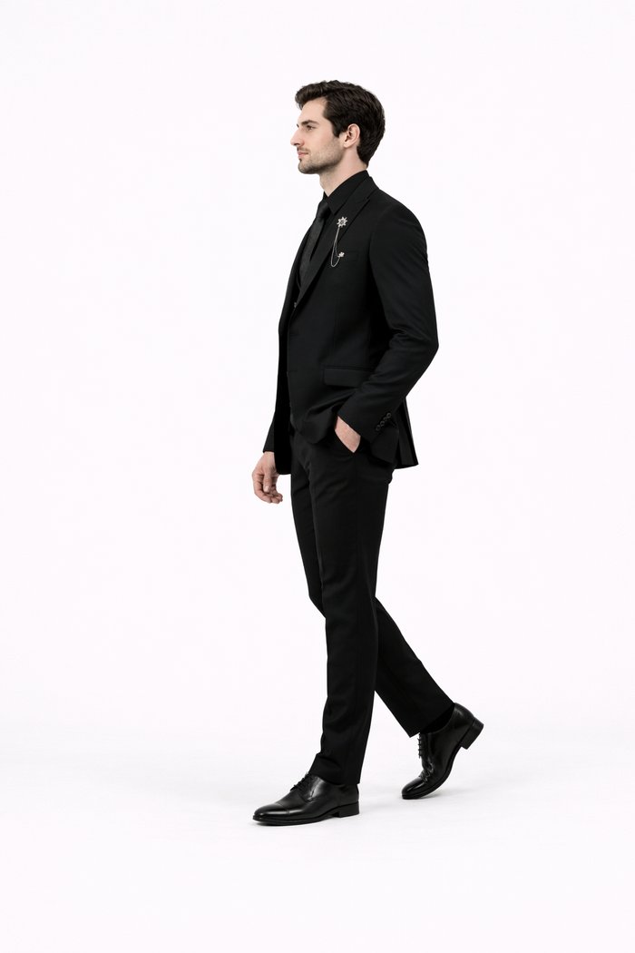 Mens Two Button Peak Lapel Suit Black