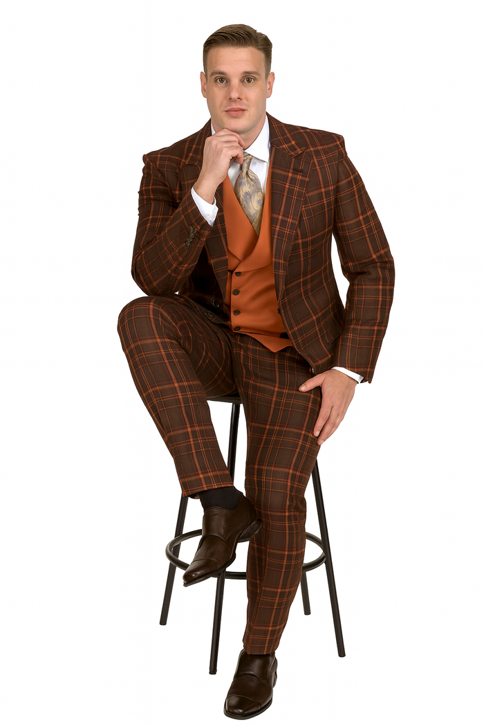 Mens Two Button Peak Lapel Suit Brown ~ Yellow-New Designer Collection