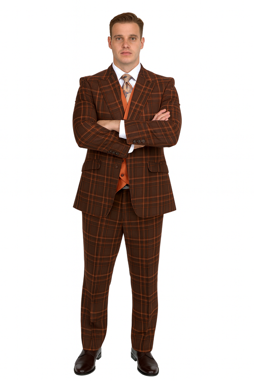 Mens Two Button Peak Lapel Suit Brown ~ Yellow-New Designer Collection