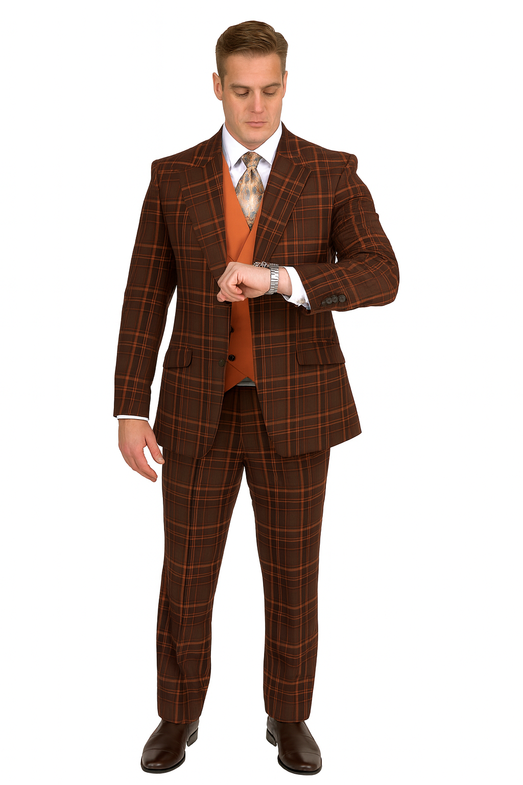 Mens Two Button Peak Lapel Suit Brown ~ Yellow-New Designer Collection - 34 Short or Extra Small