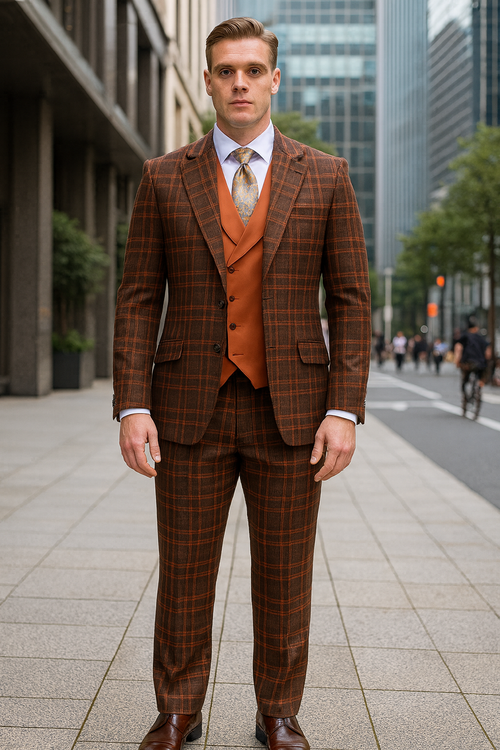 Mens Two Button Peak Lapel Suit Brown ~ Yellow-New Designer Collection
