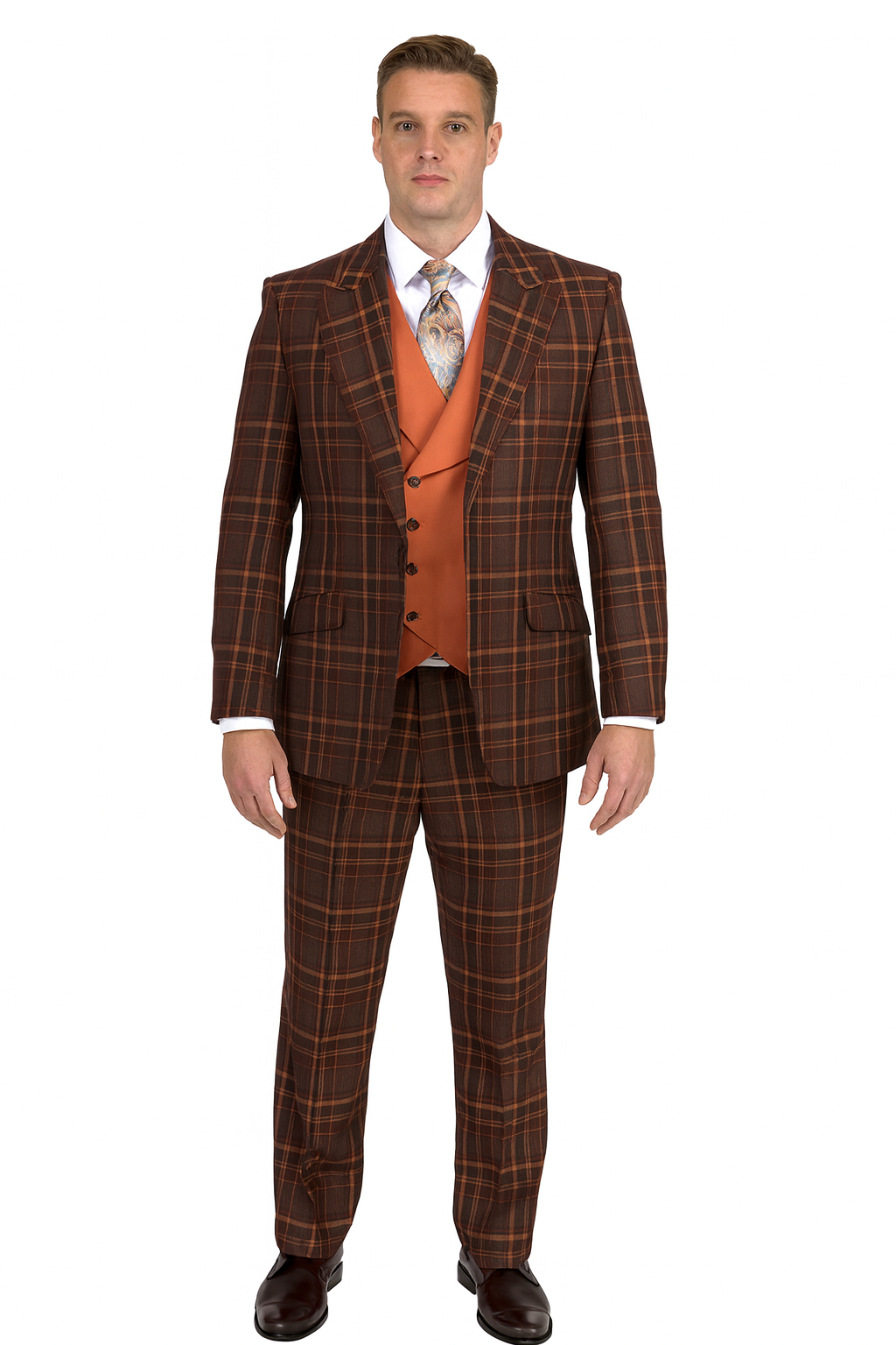Mens Two Button Peak Lapel Suit Brown ~ Yellow-New Designer Collection - 34 Short or Extra Small
