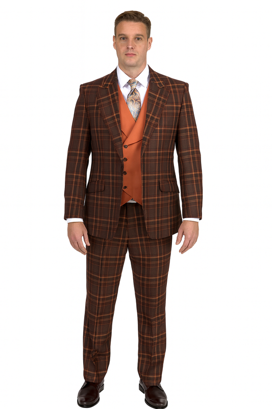 Mens Two Button Peak Lapel Suit Brown ~ Yellow-New Designer Collection
