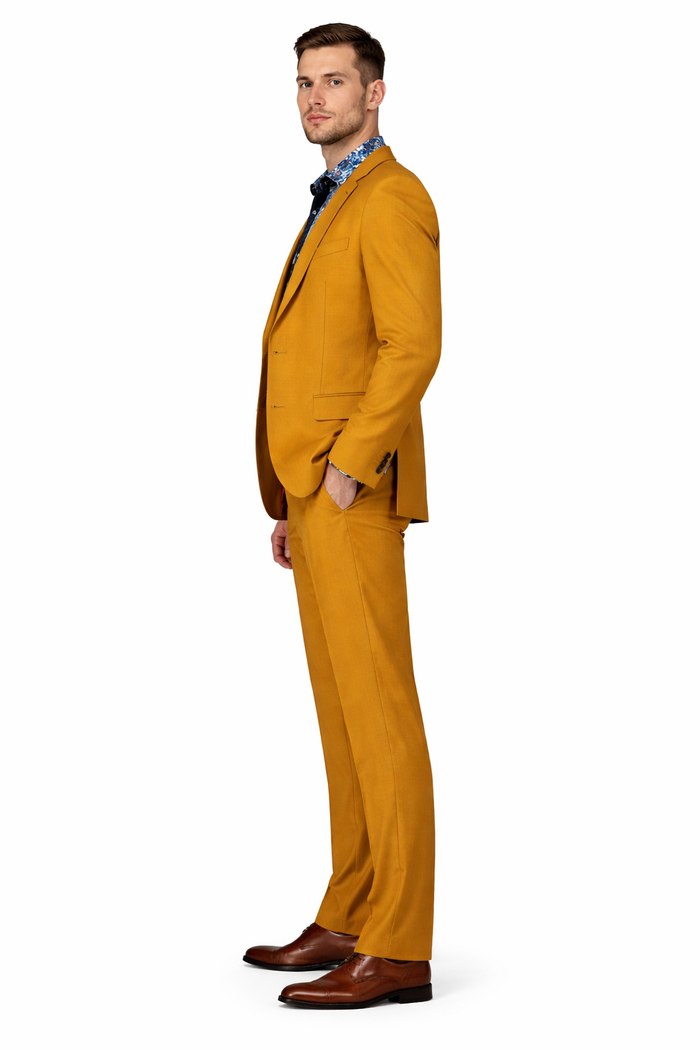 Mens Two Button Peak Lapel Suit Gold