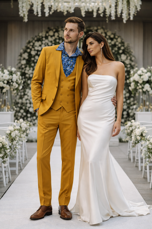 Mens Two Button Peak Lapel Suit Gold