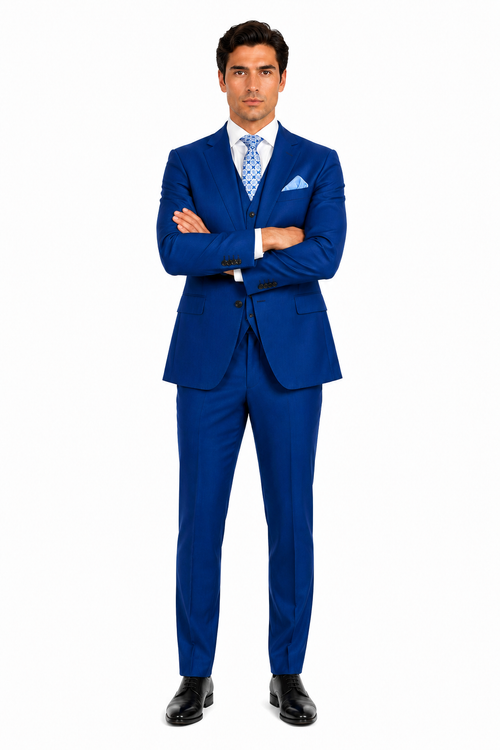 "Blue Sharkskin Business Suit for Men - Two Button Vested Style"