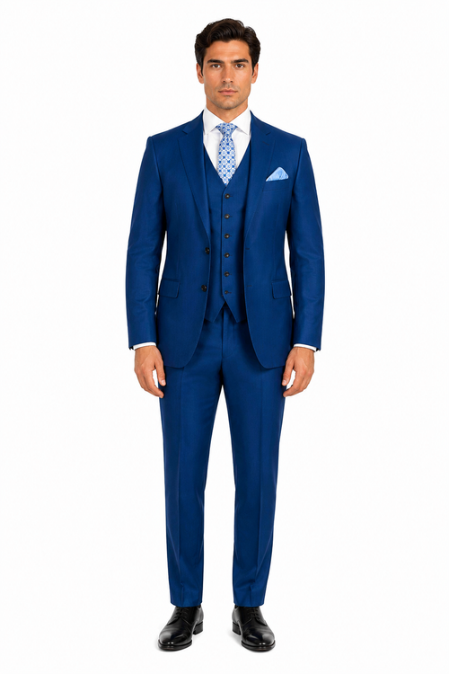 "Blue Sharkskin Business Suit for Men - Two Button Vested Style"