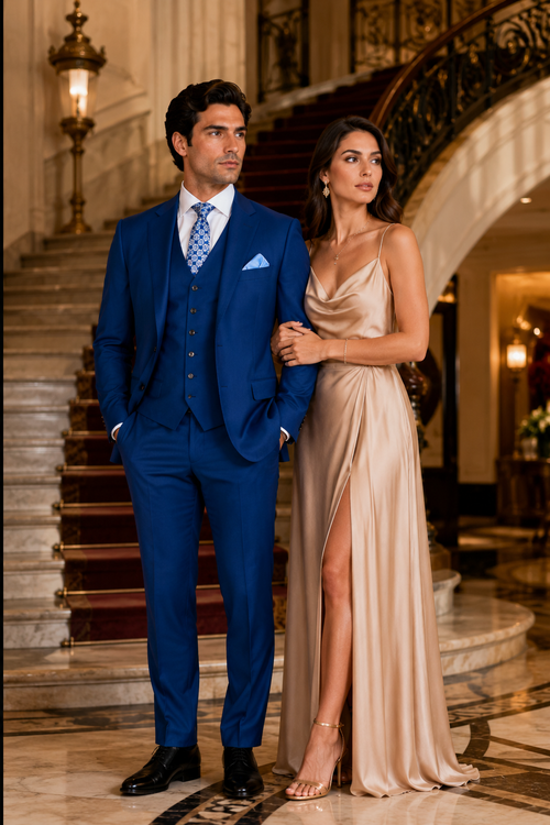 "Blue Sharkskin Business Suit for Men - Two Button Vested Style"