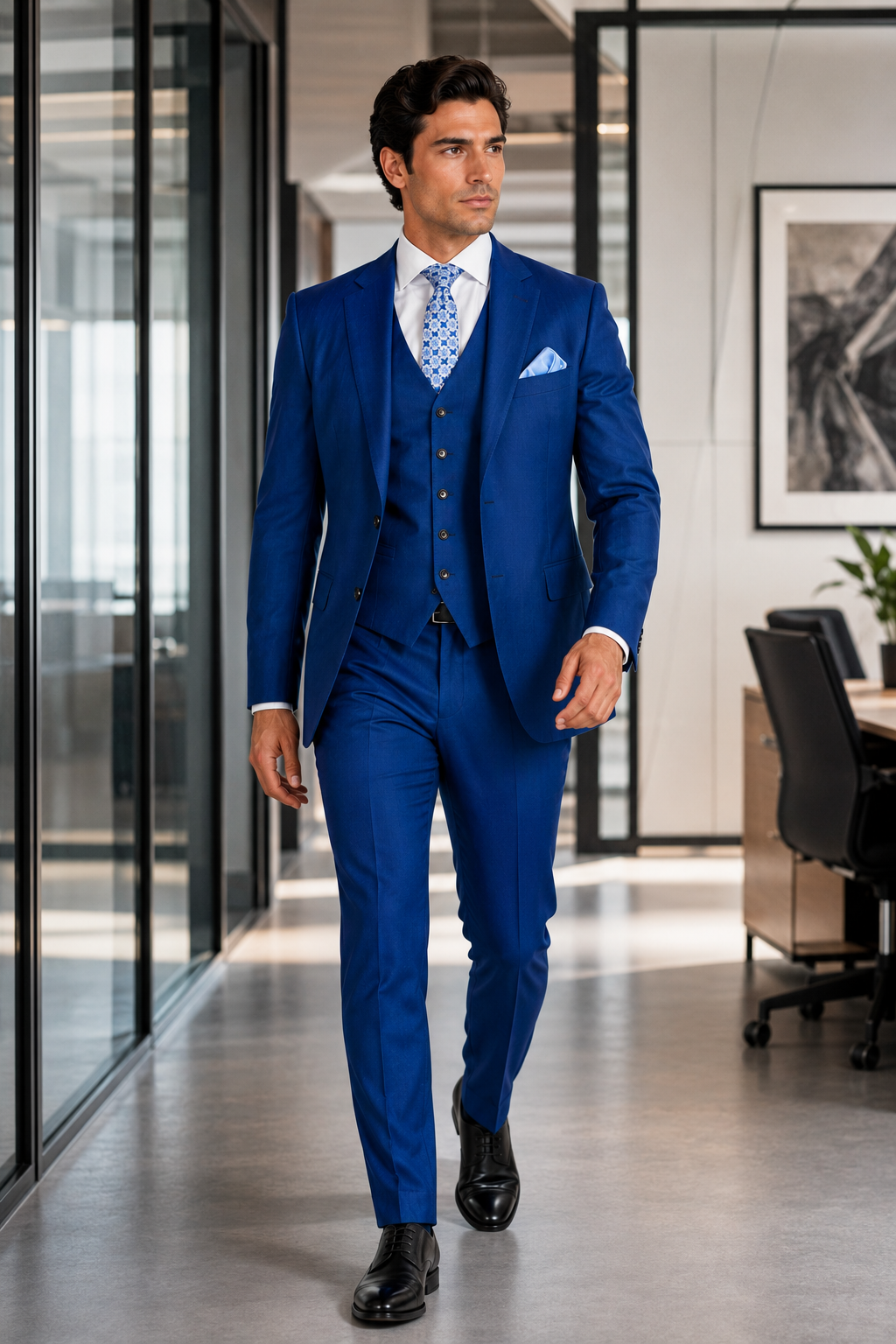"Blue Sharkskin Business Suit for Men - Two Button Vested Style"
