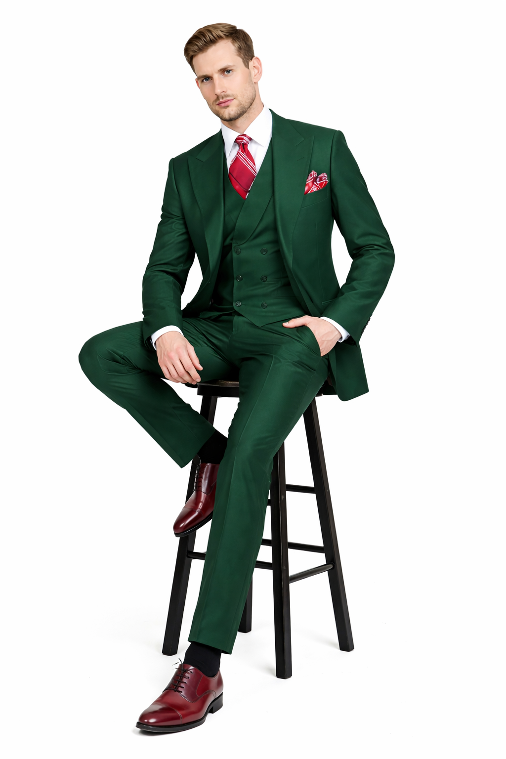 Mens Urban Hunter Green Suit - Double Breasted Vest Pleated Pants-New Designer Collection - 34 Short or Extra Small