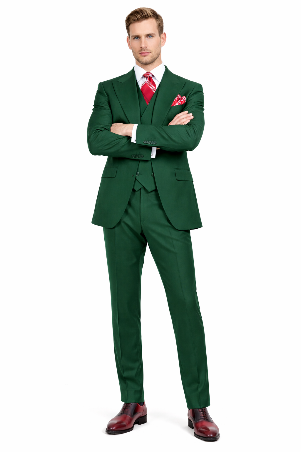 Mens Urban Hunter Green Suit - Double Breasted Vest Pleated Pants-New Designer Collection - 34 Short or Extra Small