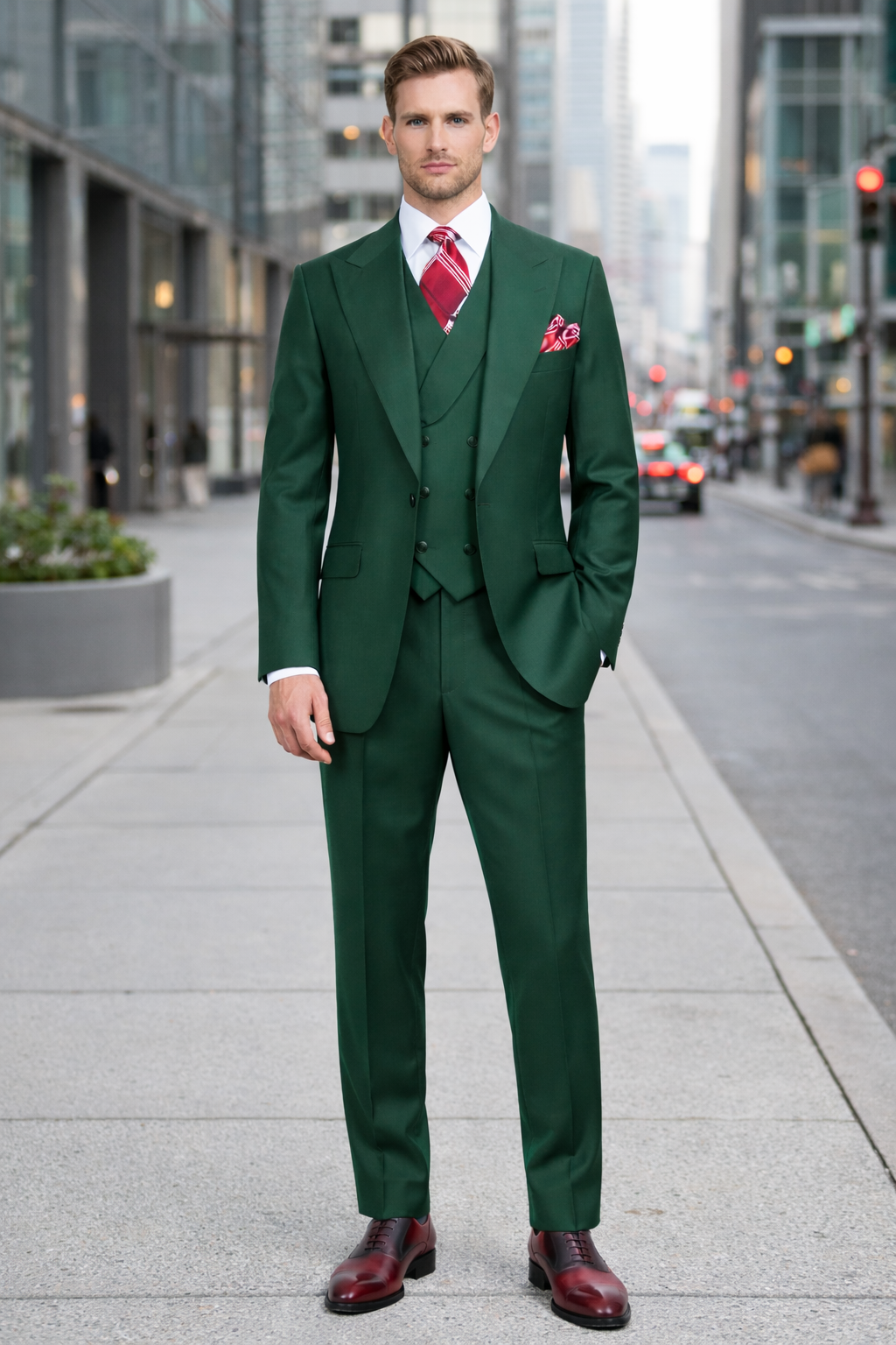 Mens Urban Hunter Green Suit - Double Breasted Vest Pleated Pants-New Designer Collection - 34 Short or Extra Small
