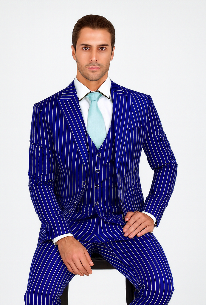 Mens Vested Gangster Pinstripe 1920's Suit in Blue - 36 Short