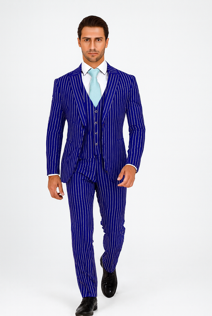 Mens Vested Gangster Pinstripe 1920's Suit in Blue - 36 Short
