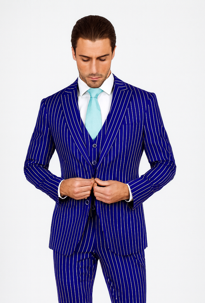 Mens Vested Gangster Pinstripe 1920's Suit in Blue - 36 Short