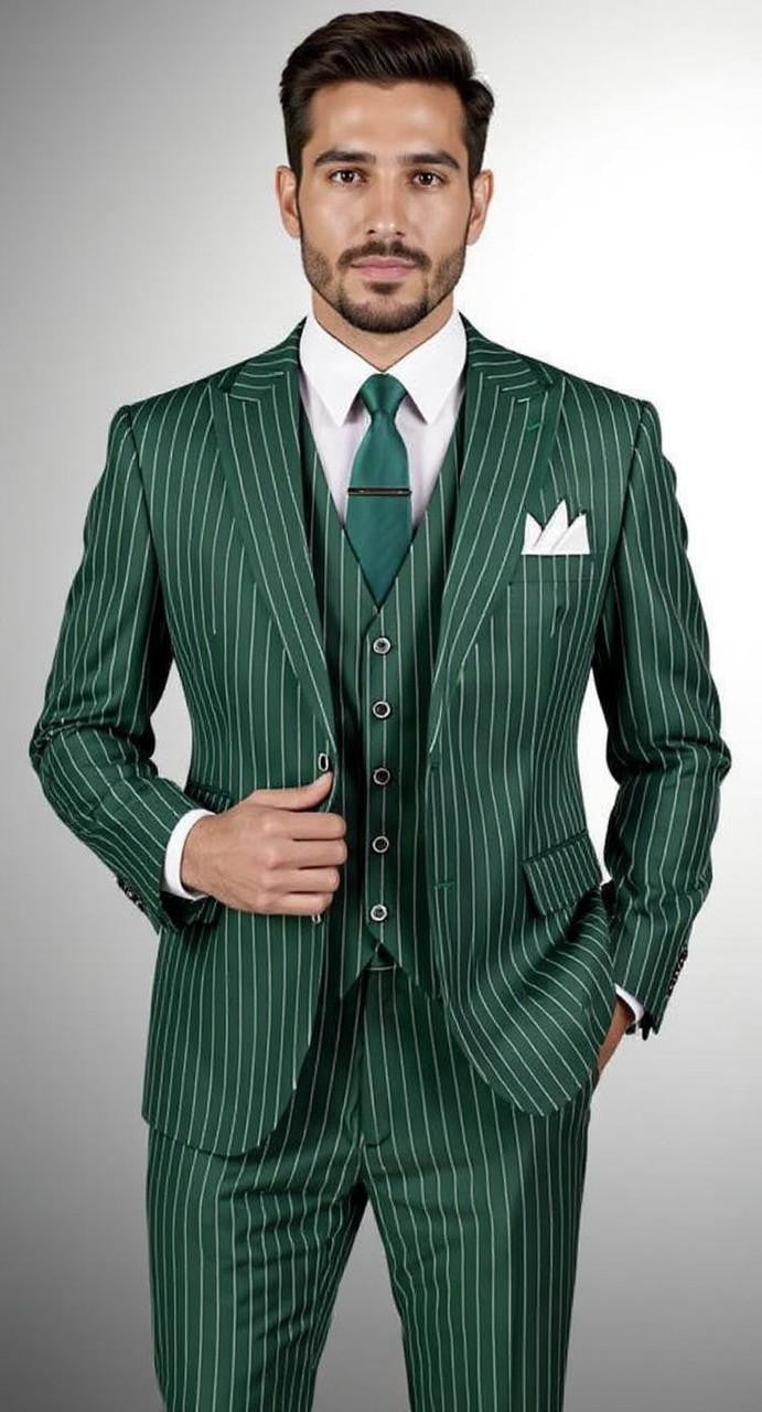 Harlem Nights Suits for Men - Mens Vested Suit 3 Piece Hunter Green Pinstripe F-V2RS9 - 34 Short or Extra Small