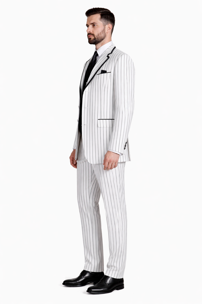 Cheap Priced Suit  - Mens 3 Button Vested Barbershop Quartet Suin In White With Black Turquoise Pinstripes