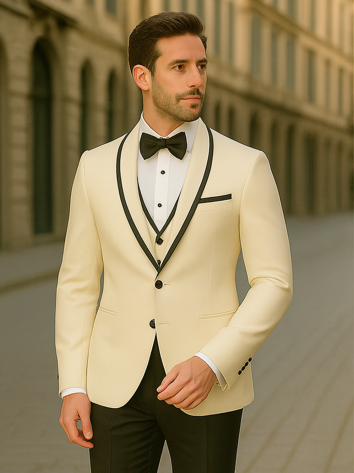"Mens Vested Wool Tuxedo Suit in Shawl Lapel with Satin Trim in Ivory & Black" off white