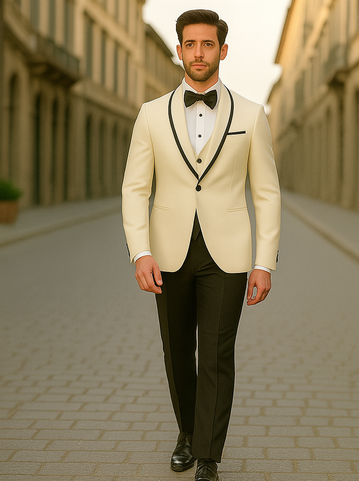 "Mens Vested Wool Tuxedo Suit in Shawl Lapel with Satin Trim in Ivory & Black" off white