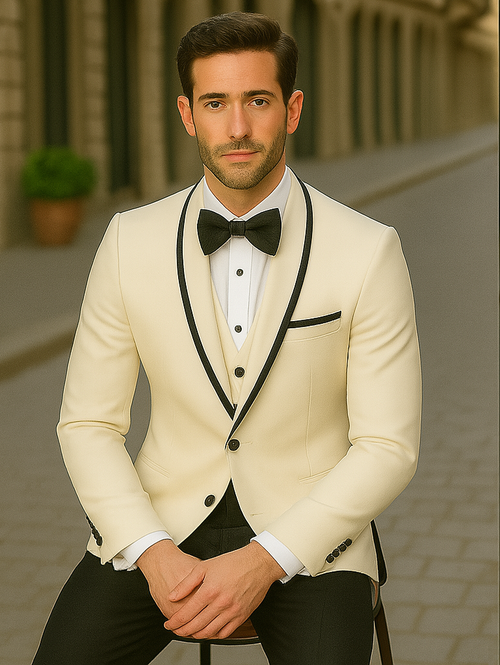 "Mens Vested Wool Tuxedo Suit in Shawl Lapel with Satin Trim in Ivory & Black" off white