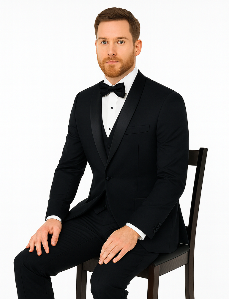 Mens Vested Wool Tuxedo with Velvet Shawl Lapel in Navy - 34 Short