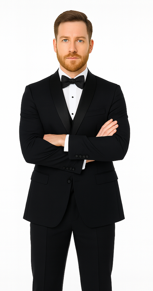 Mens Vested Wool Tuxedo with Velvet Shawl Lapel in Navy