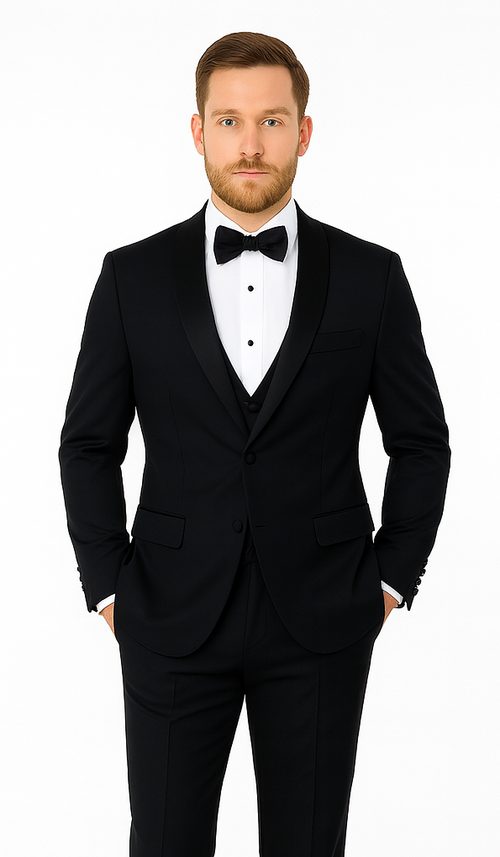 Mens Vested Wool Tuxedo with Velvet Shawl Lapel in Navy