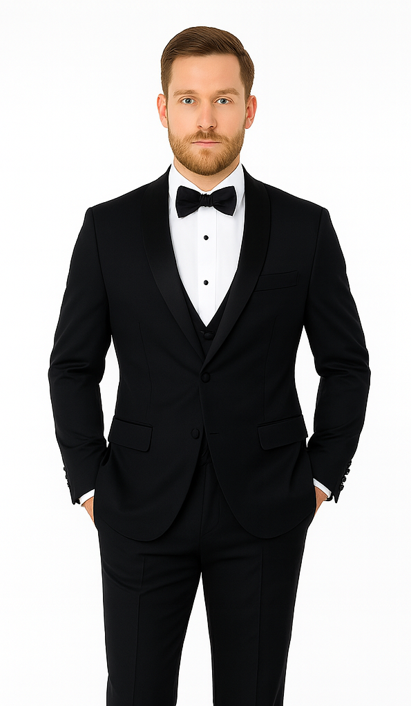 Mens Vested Wool Tuxedo with Velvet Shawl Lapel in Navy - 34 Short
