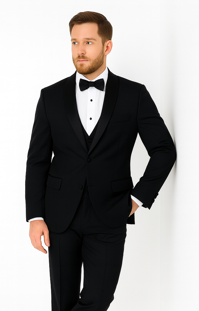 Mens Vested Wool Tuxedo with Velvet Shawl Lapel in Navy - 34 Short