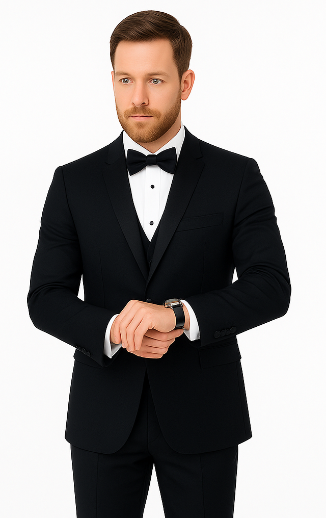 Mens Vested Wool Tuxedo with Velvet Shawl Lapel in Navy - 34 Short