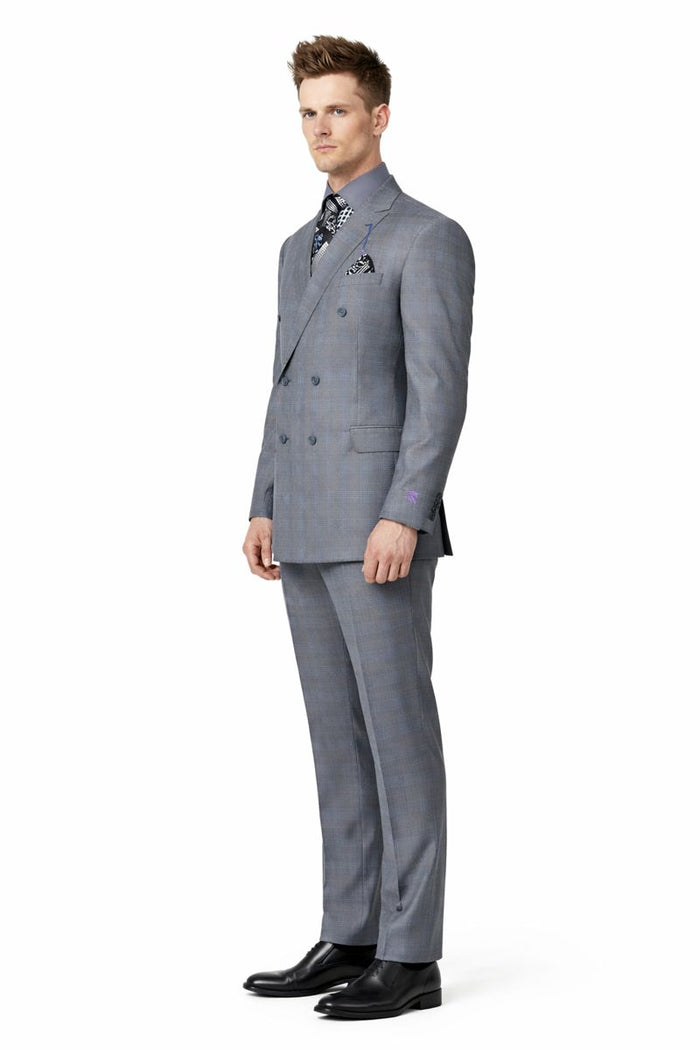 Men's Vinci Peak Lapel Double Breasted Suit High back Vented Jacket with Flap Pockets Grey-New Designer Collection
