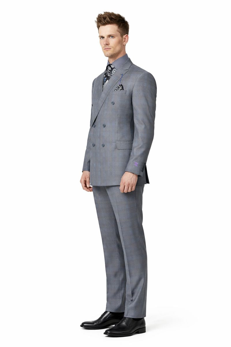 Men's Vinci Peak Lapel Double Breasted Suit High back Vented Jacket with Flap Pockets Grey-New Designer Collection