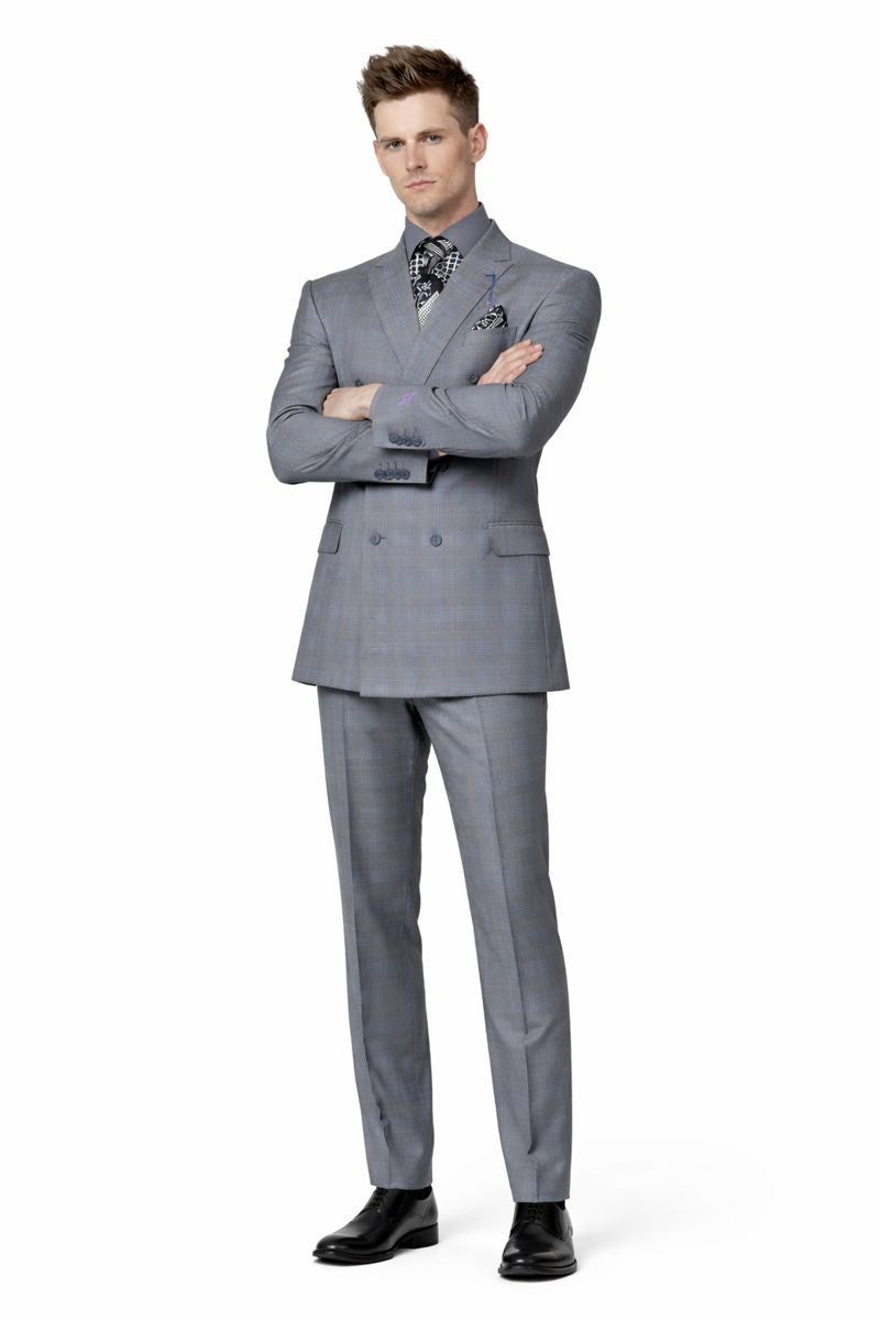 Men's Vinci Peak Lapel Double Breasted Suit High back Vented Jacket with Flap Pockets Grey-New Designer Collection