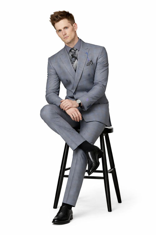 Men's Vinci Peak Lapel Double Breasted Suit High back Vented Jacket with Flap Pockets Grey-New Designer Collection
