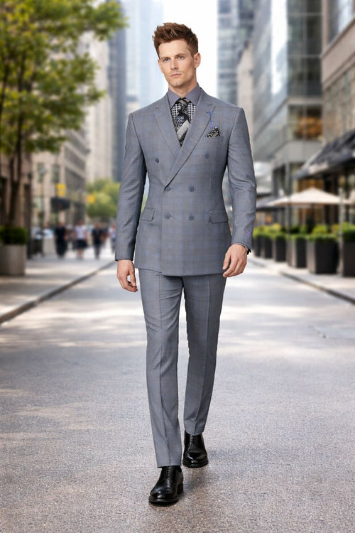Men's Vinci Peak Lapel Double Breasted Suit High back Vented Jacket with Flap Pockets Grey-New Designer Collection