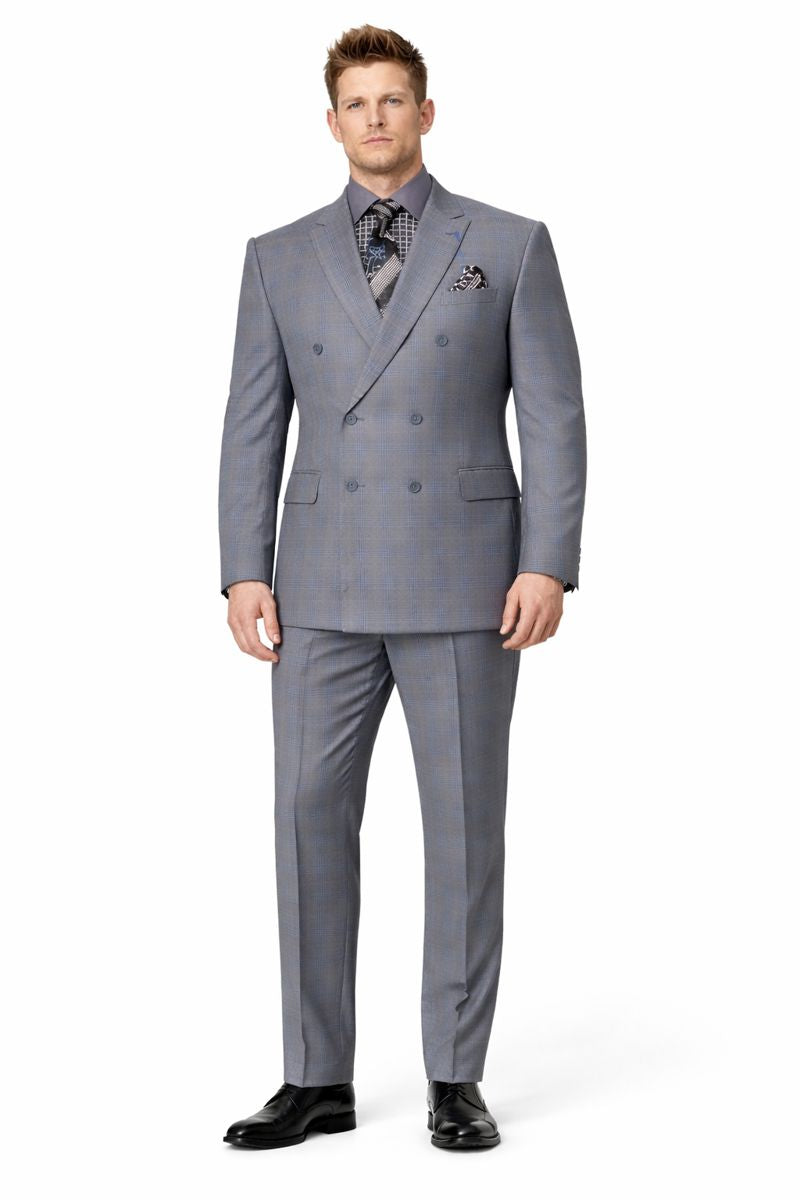 Men's Vinci Peak Lapel Double Breasted Suit High back Vented Jacket with Flap Pockets Grey-New Designer Collection