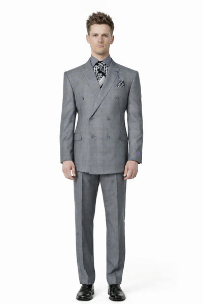 Men's Vinci Peak Lapel Double Breasted Suit High back Vented Jacket with Flap Pockets Grey-New Designer Collection