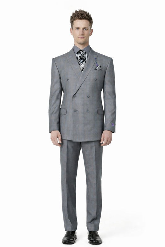 Men's Vinci Peak Lapel Double Breasted Suit High back Vented Jacket with Flap Pockets Grey-New Designer Collection