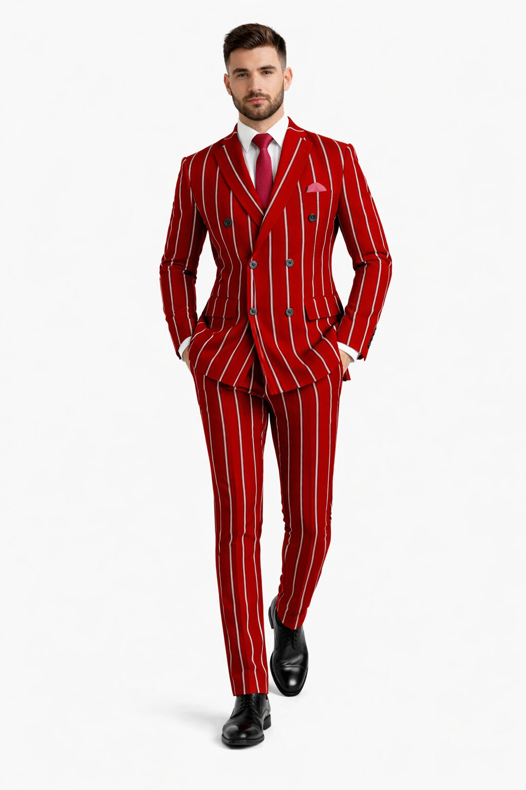 Burgundy Pinstripe Suit - Mens 1920s Gangster Pinstripe Suit - Lapel Chalk Pinstripe Red