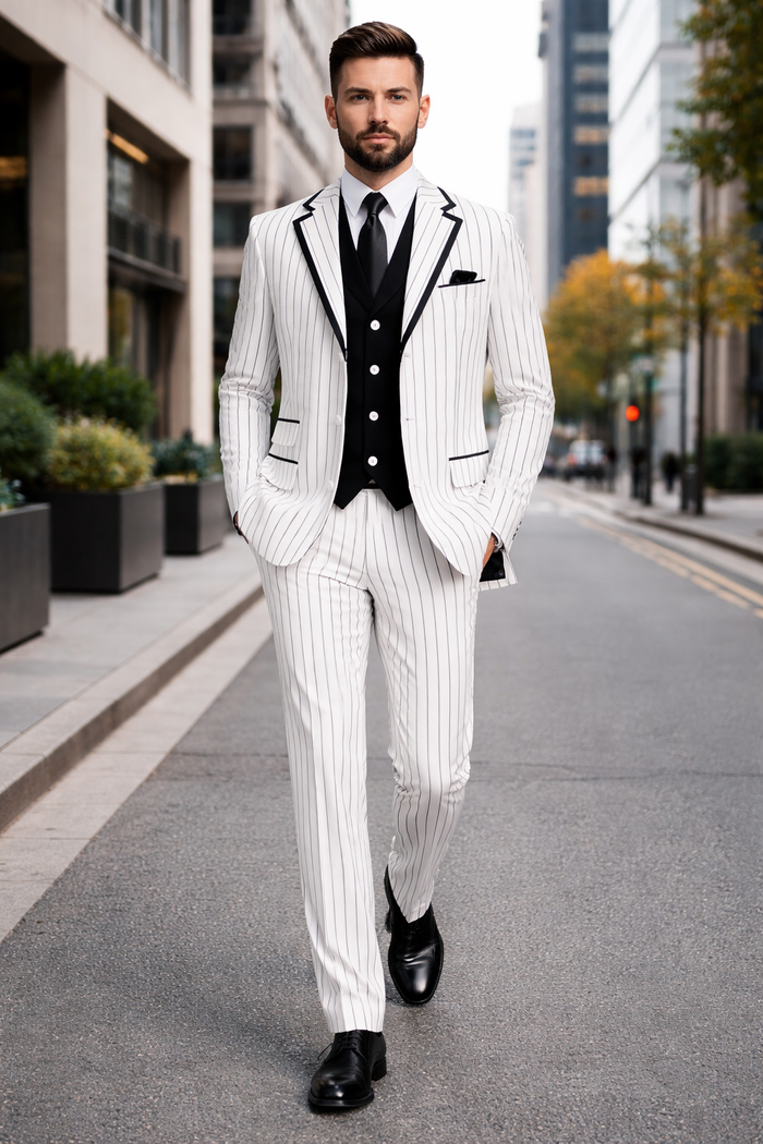 Cheap Priced Suit  - Mens 3 Button Vested Barbershop Quartet Suin In White With Black Turquoise Pinstripes