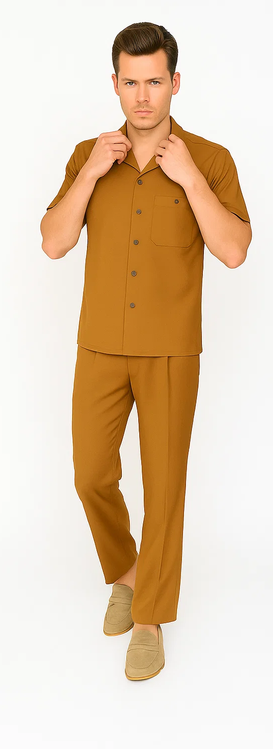 Mens Walking Suit in Color caramel leisure suit casual Matching Shirt and Pants $99 - S/30