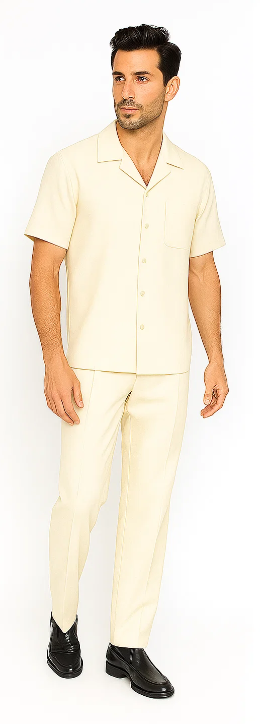 Mens Walking Suit in Color cream leisure suit casual Matching Shirt and Pants $99 - S/30