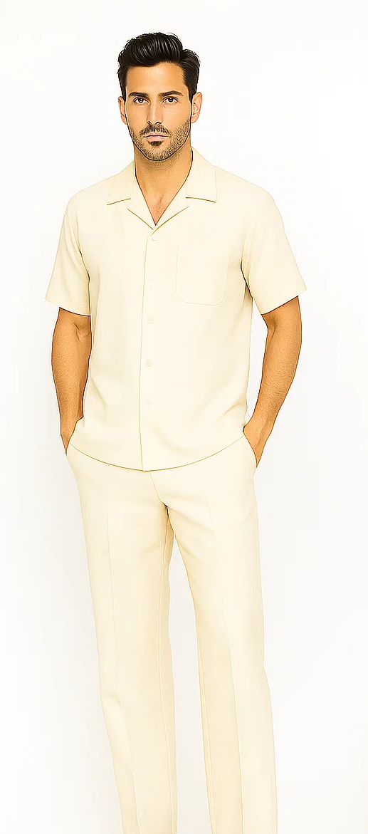 Mens Walking Suit in Color cream leisure suit casual Matching Shirt and Pants $99 - S/30